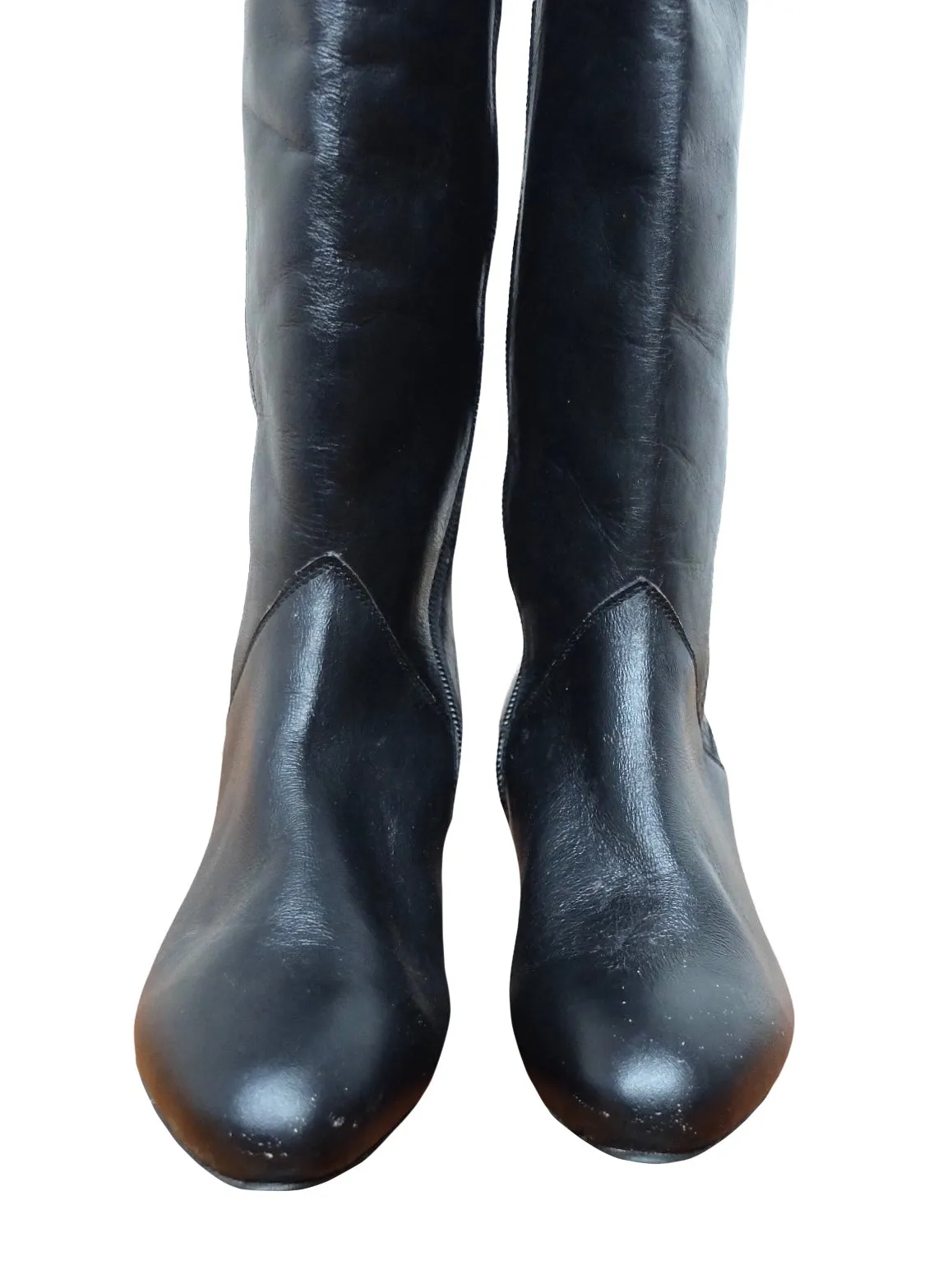 Vintage 80s Bohemian Avant-Garde Glam Rock Chic Mid-Calf Black Leather Heeled Zip Up Boots | Women’s Size US 6, EU 37, UK 4