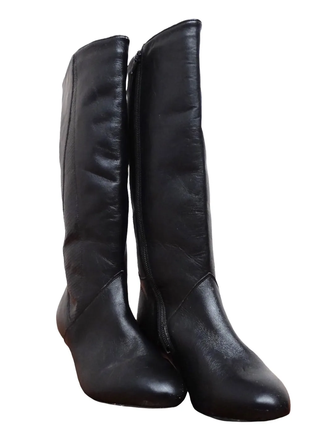 Vintage 80s Bohemian Avant-Garde Glam Rock Chic Mid-Calf Black Leather Heeled Zip Up Boots | Women’s Size US 6, EU 37, UK 4