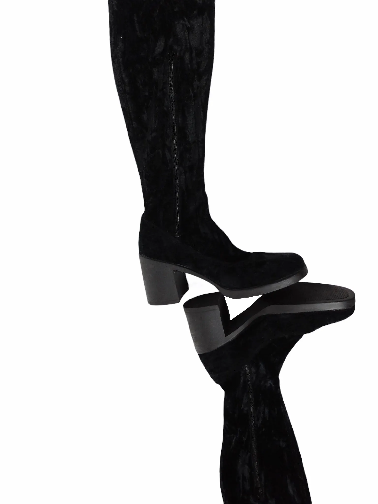 Vintage 90s Y2K Grunge Black Crushed Velvet Over-the-Knee Heeled Boots