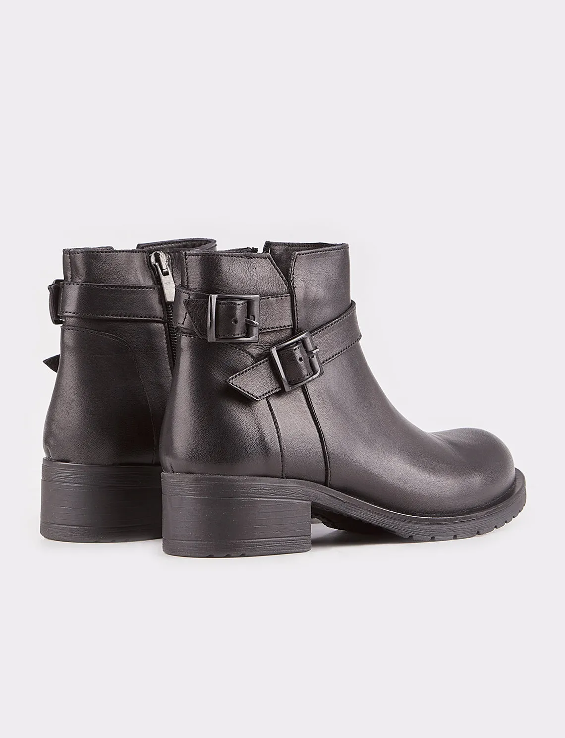 Women Black Genuine Leather Buckle Decor Heeled Boots