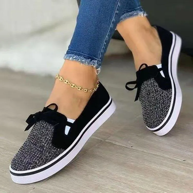 Women bowknot lace up breathable flat shallow slip on loafers