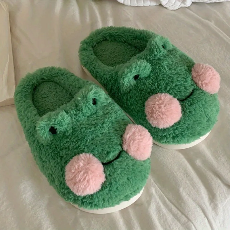 Womens Adorable Frog-Shaped Slippers - Ultra-Soft Warm & Cozy Indoor Shoes - Fluffy Closed Toe Design with Quiet Anti-Slip Soles