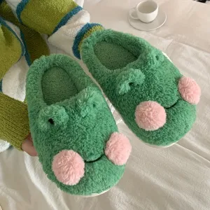 Womens Adorable Frog-Shaped Slippers - Ultra-Soft Warm & Cozy Indoor Shoes - Fluffy Closed Toe Design with Quiet Anti-Slip Soles