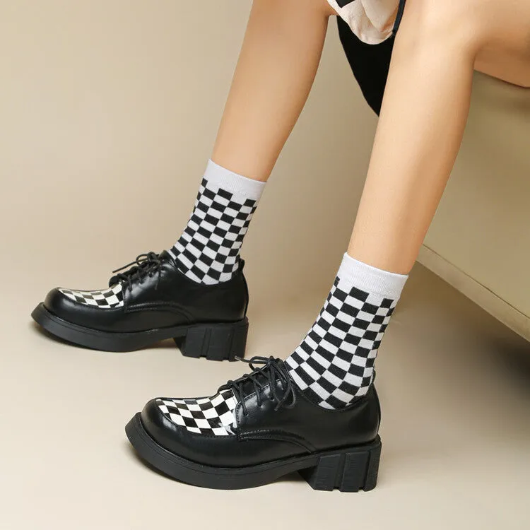 Women's Bicolor Lattice Lace Up Block Heel Shoes