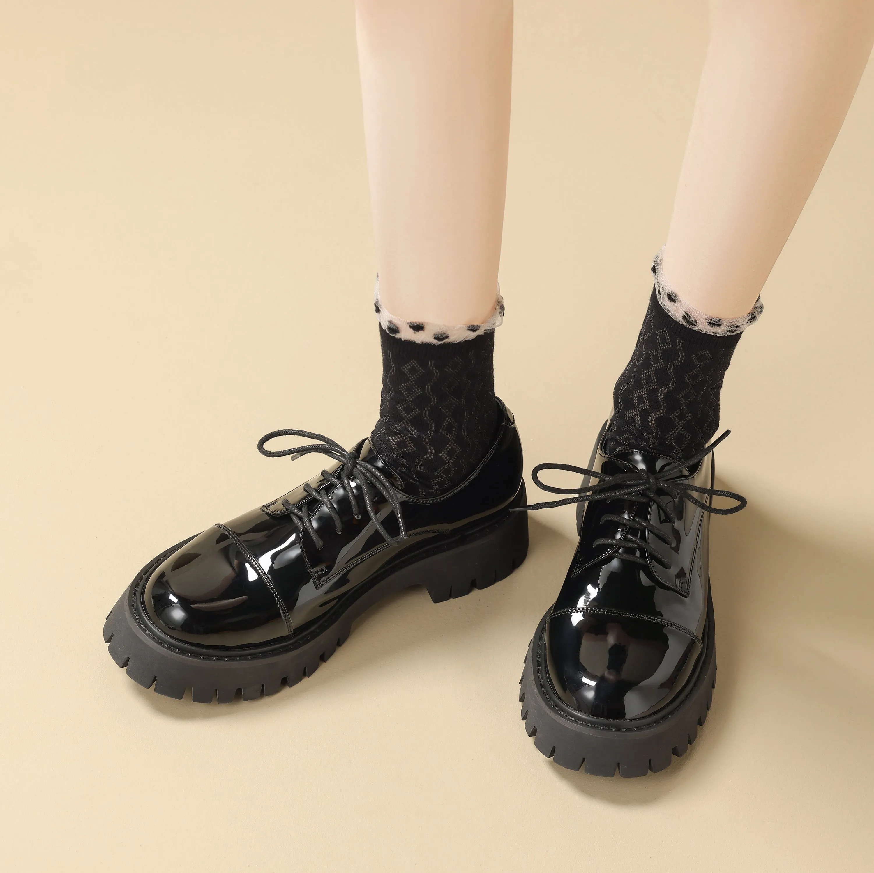 Women's Black Patent Leather Lace Up Platform Shoes