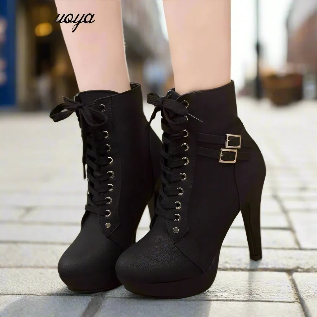 Women's High Heeled PU Leather Boots - 9988