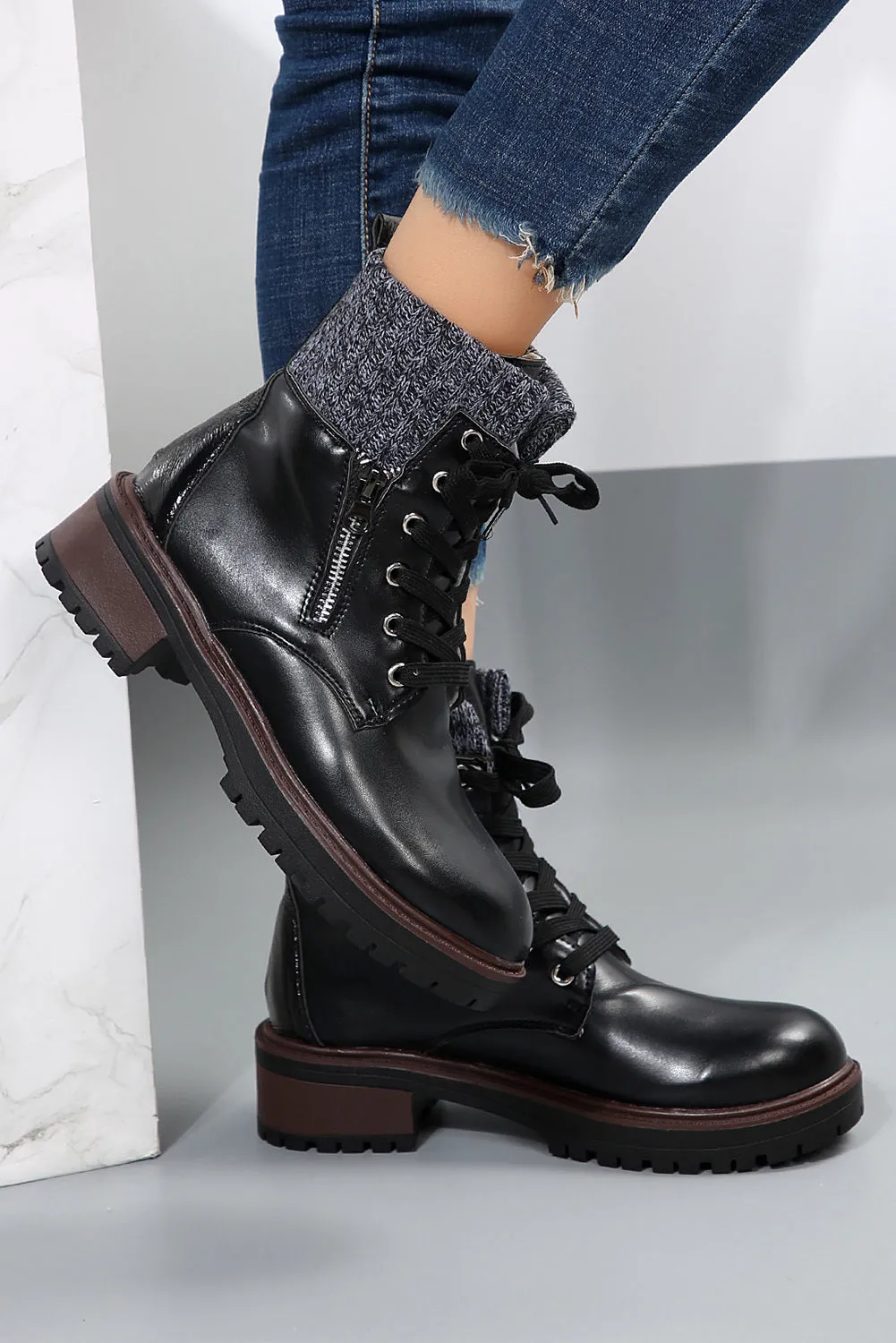 Women's Knitted Patched Lace-up Heeled Ankle Boots