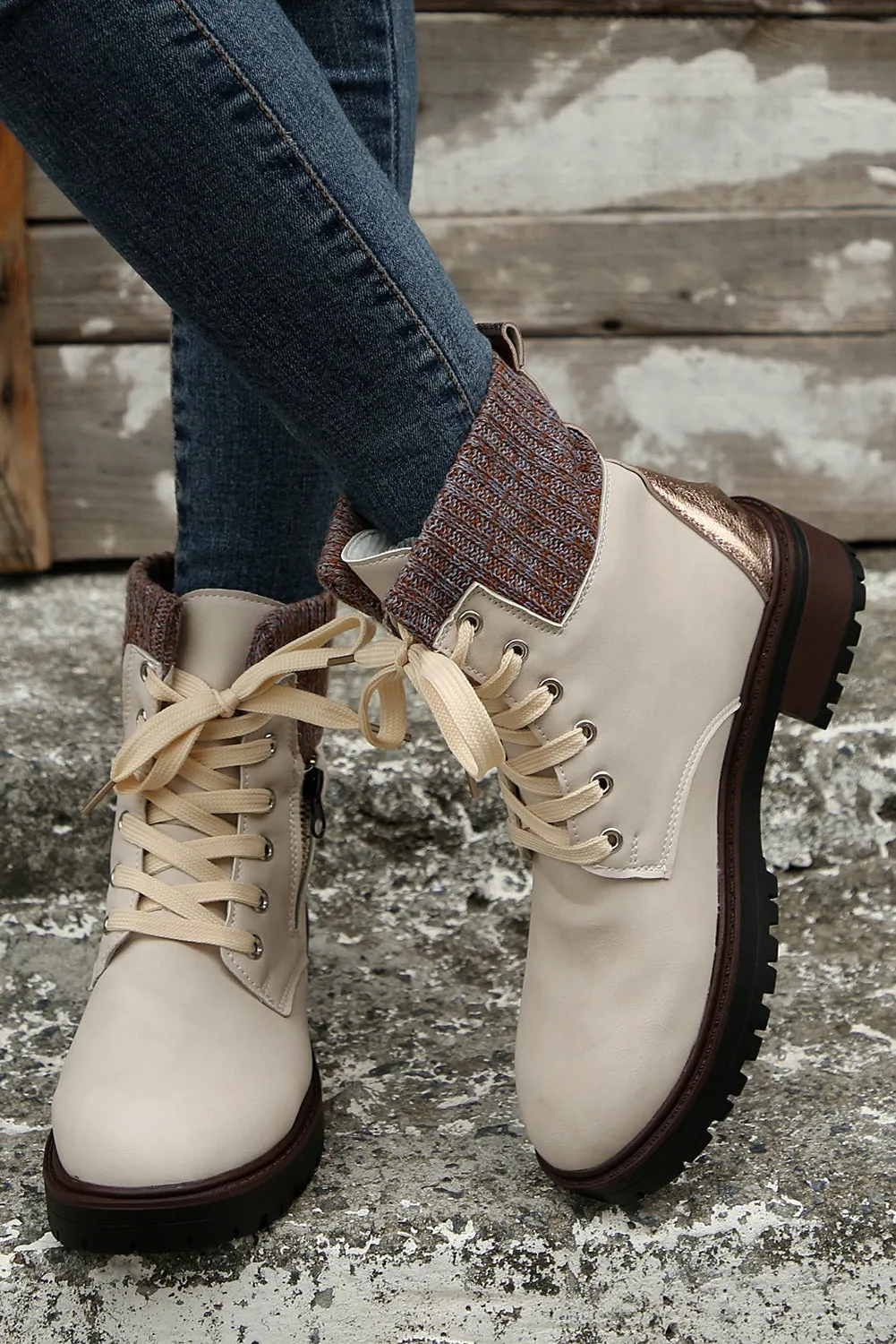 Women's Knitted Patched Lace-up Heeled Ankle Boots