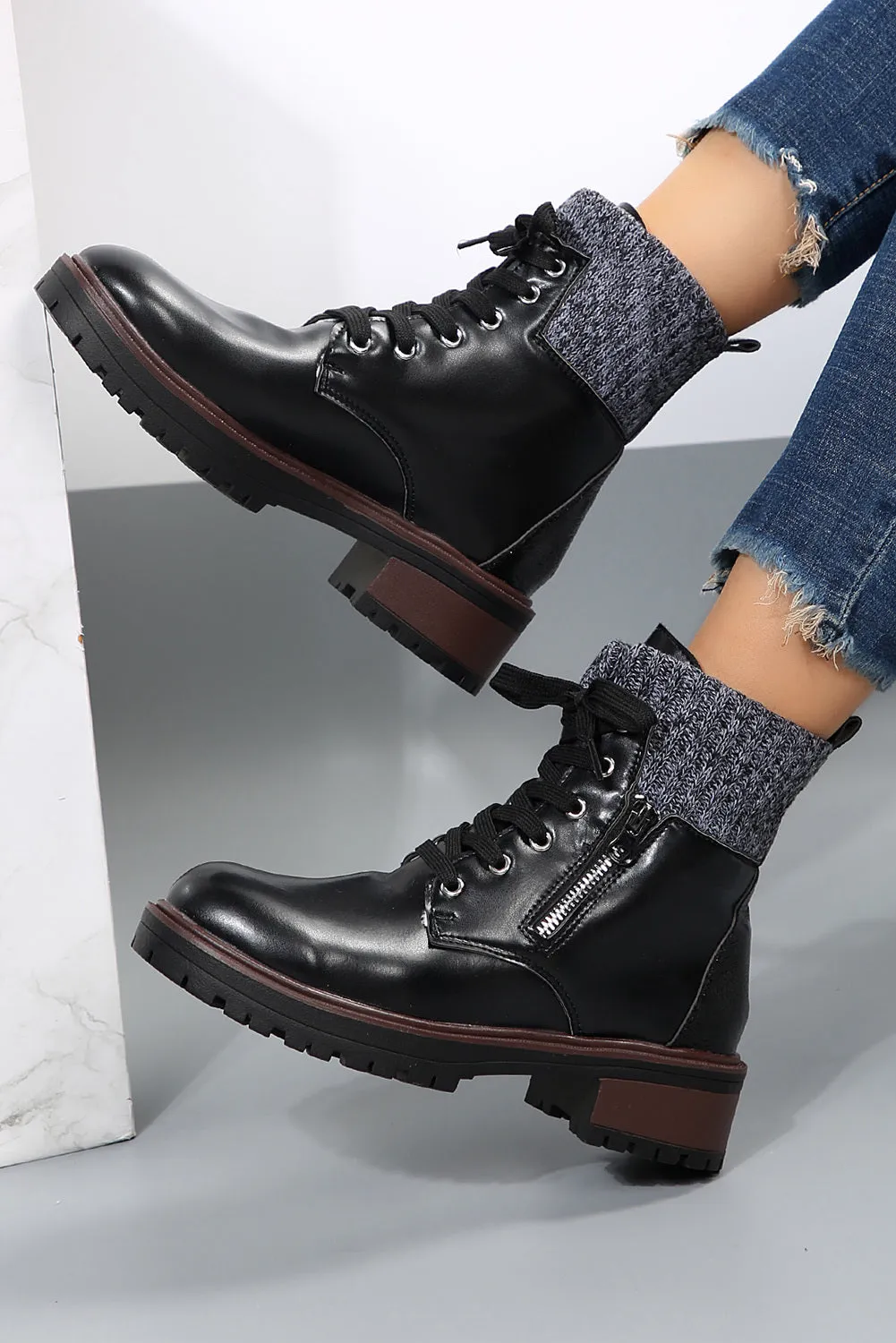 Women's Knitted Patched Lace-up Heeled Ankle Boots