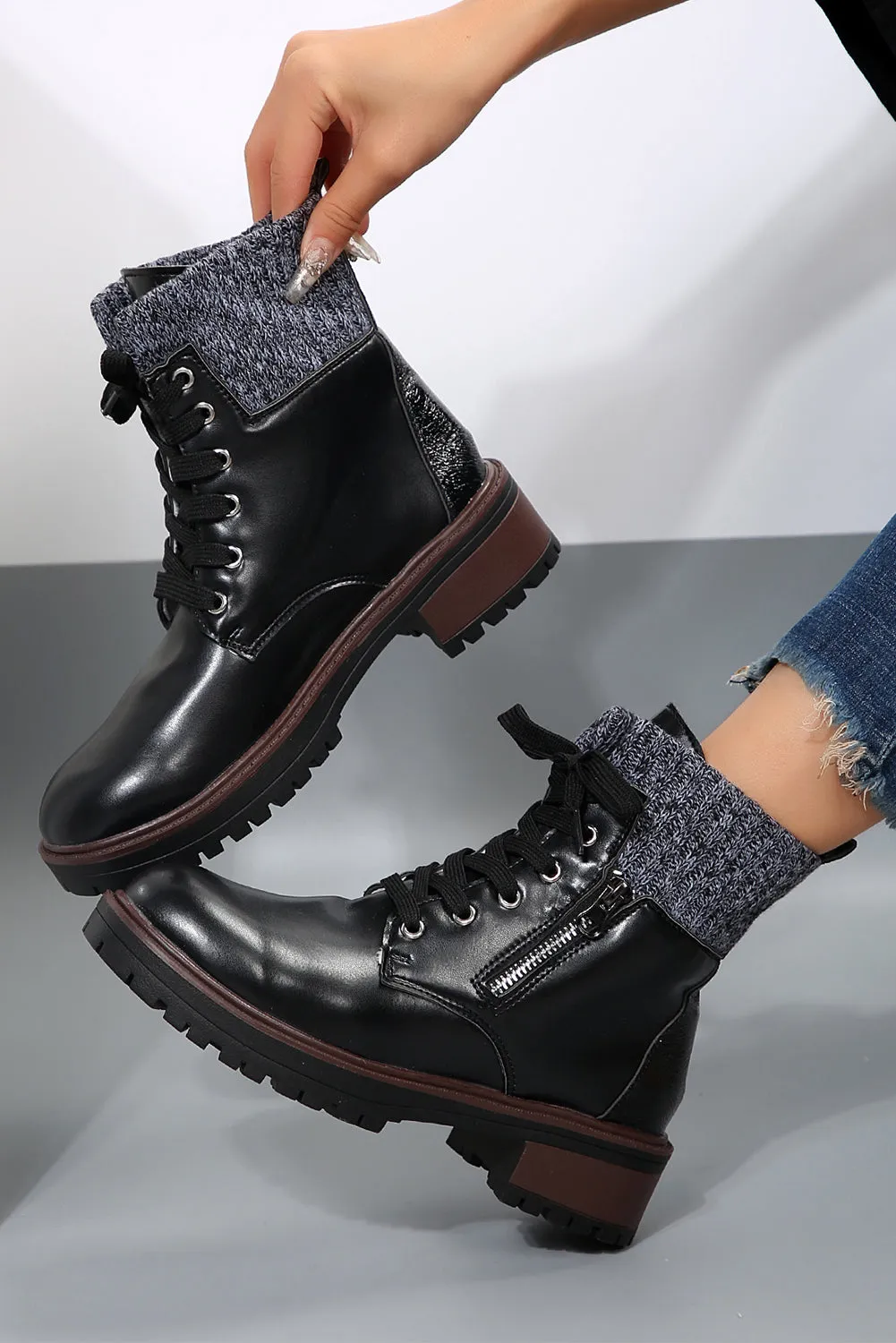 Women's Knitted Patched Lace-up Heeled Ankle Boots