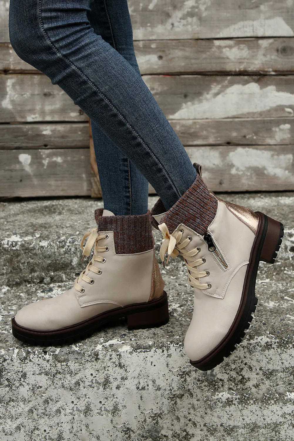 Women's Knitted Patched Lace-up Heeled Ankle Boots