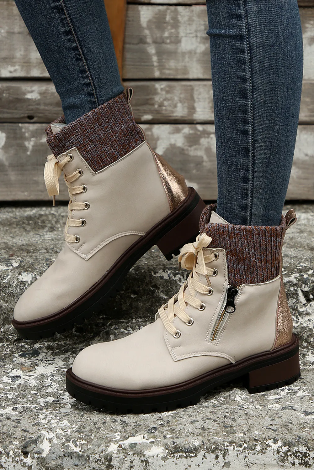 Women's Knitted Patched Lace-up Heeled Ankle Boots