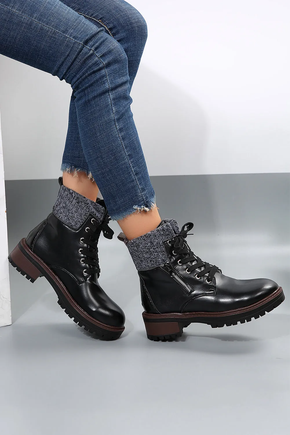 Women's Knitted Patched Lace-up Heeled Ankle Boots