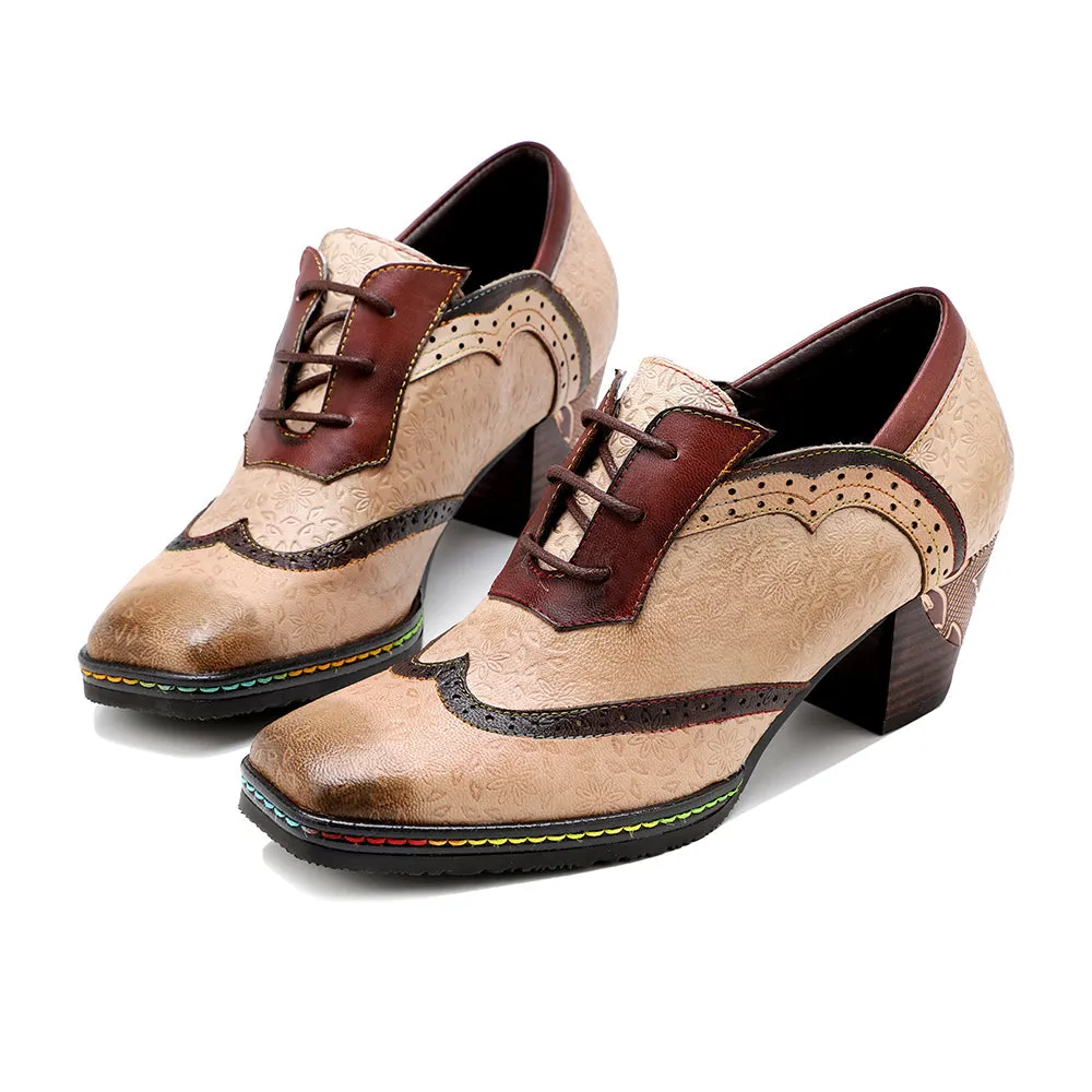 Womens Oxford Shoes Handmade Leather Old Retro Style Brogue Heels