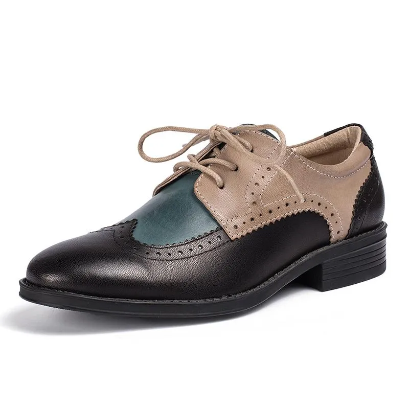 Womens Wingtip Shoes Handmade Sheepskin Full Brogues Oxfords & Tie Flats Color Blocking