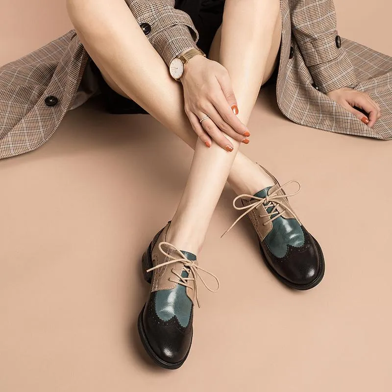 Womens Wingtip Shoes Handmade Sheepskin Full Brogues Oxfords & Tie Flats Color Blocking